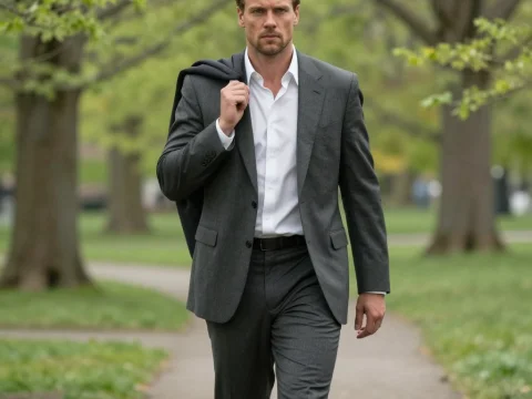 Confident Man in Gray Suit Walking in Park