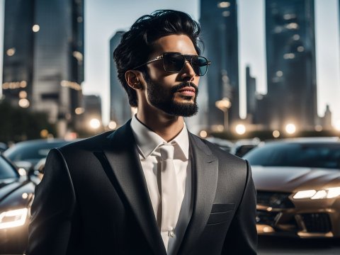 Confident Man in Suit and Sunglasses in Urban Night Setting
