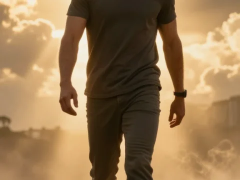Confident Man Walking at Sunset with Dramatic Clouds
