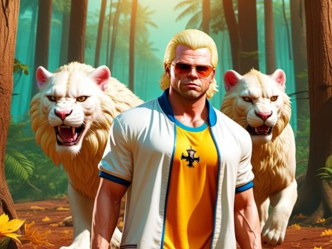 Confident Man with Two White Tigers in a Sunlit Forest