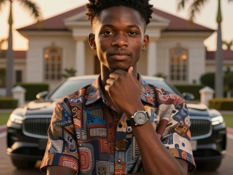 Confident Nigerian Student in Front of Luxury Car and Mansion