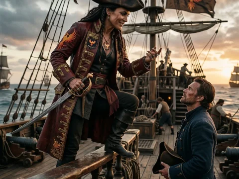 Confident Pirate Captain Commanding His Crew on Ship Deck