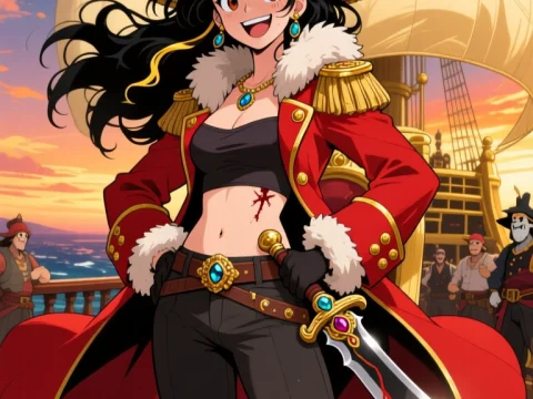 Confident Pirate Queen on Ship Deck at Sunset