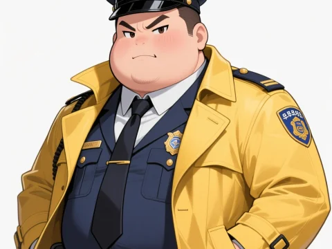 Confident Police Officer in Yellow Trench Coat Anime Style