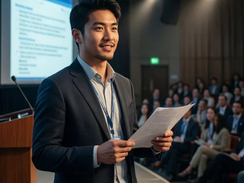 Confident Student Presenting Research at Conference