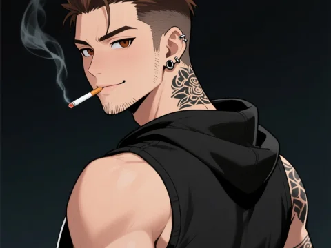 Confident Tattooed Man Smoking Cigarette in Hoodie