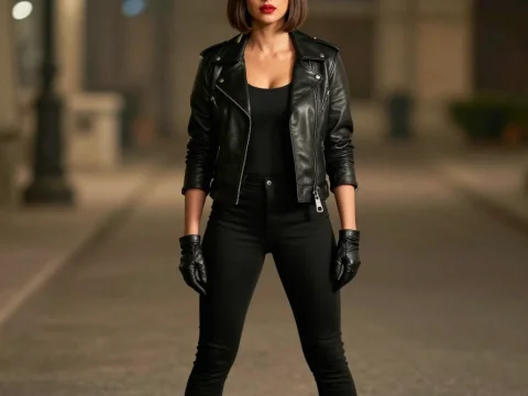 Confident Woman in Black Leather Biker Outfit
