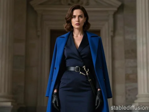 Confident Woman in Blue Coat Standing in Classical Architecture