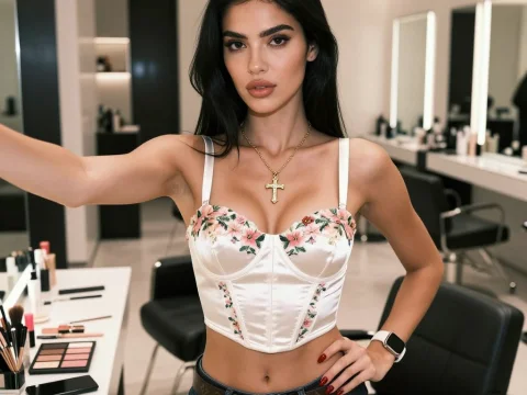 Confident Woman in Floral Corset Top in Modern Makeup Studio
