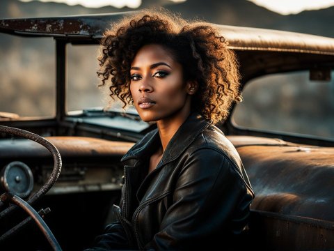 Confident Woman in Leather Jacket Sitting in Vintage Car
