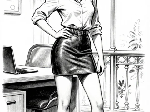Confident Woman in Office Setting Black and White Sketch