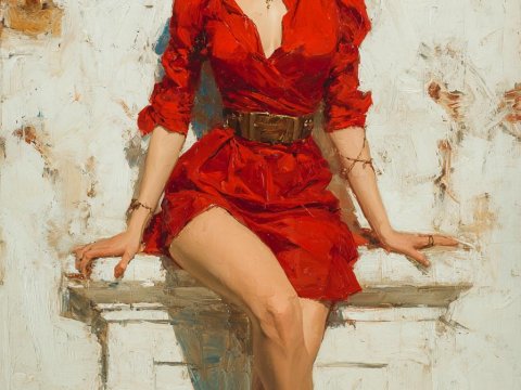 Confident Woman in Red Dress Sitting on Ledge