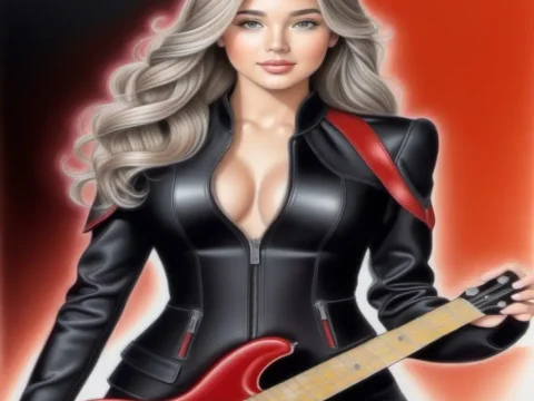 Confident Woman Rock Guitarist in Black Leather Outfit
