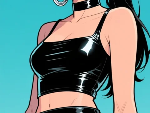 Confident Woman Smoking in Shiny Black Outfit