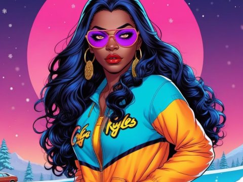 Confident Woman with Blue Hair and Vibrant Jacket in Neon Winter Scene