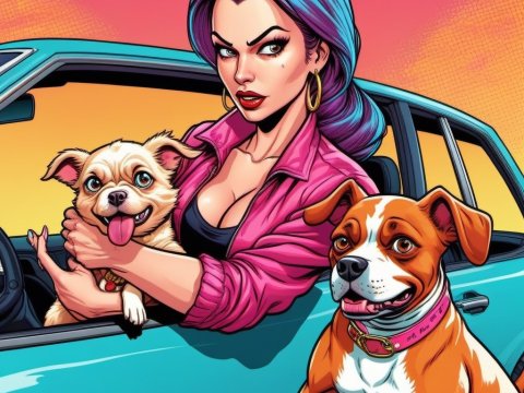 Confident Woman with Two Dogs in Vibrant Car Scene
