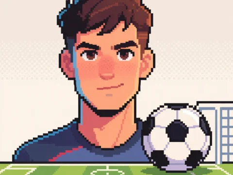 Confident Young Man Pixel Art Portrait with Soccer Theme