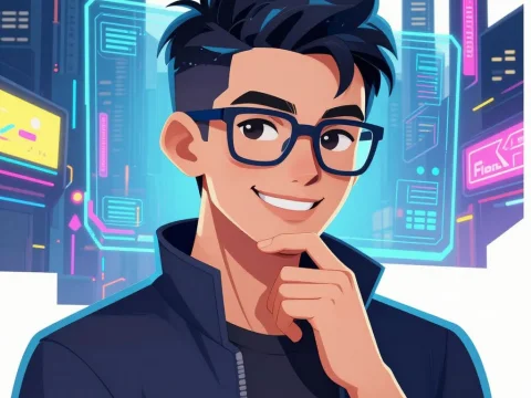 Confident Young Man with Glasses in Futuristic Cityscape