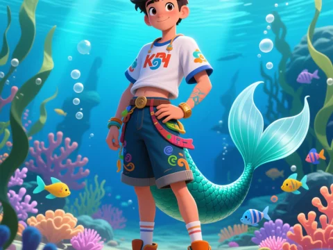 Confident Young Merman in Colorful Underwater Scene