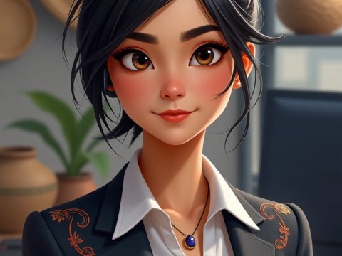 Confident Young Woman in Embroidered Blazer