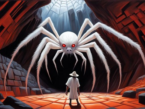 Confrontation with a Giant White Spider in a Mysterious Cave