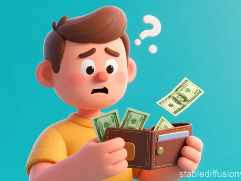 Confused Character Holding Wallet with Flying Money
