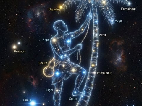 Constellation Figure Climbing a Palm Tree in Starry Night Sky