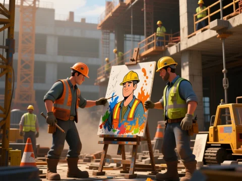 Construction Workers Painting a Portrait on Site
