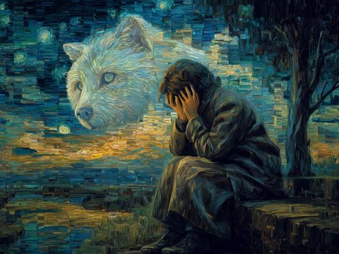 Contemplation Under the Wolf Spirit Night