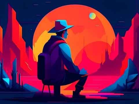 Contemplative Adventurer in Vibrant Futuristic Landscape
