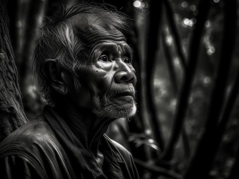 Contemplative Elder in Forest Black and White Portrait