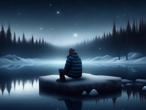 Contemplative Figure by a Tranquil Night Lake