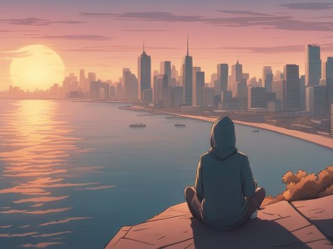 Contemplative Figure Watching Sunset Over City Skyline
