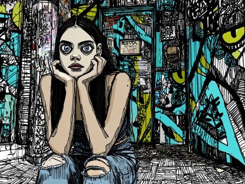 Contemplative Girl in Vibrant Graffiti Alley