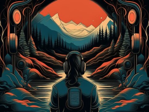 Contemplative Listener in a Surreal Mountain Landscape