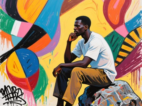 Contemplative Man Against Vibrant Abstract African Street Art
