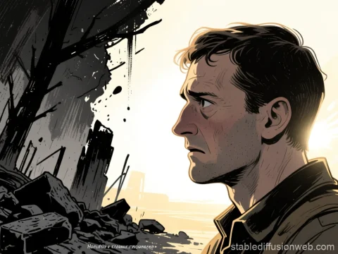 Contemplative Man Amidst Ruins at Sunrise