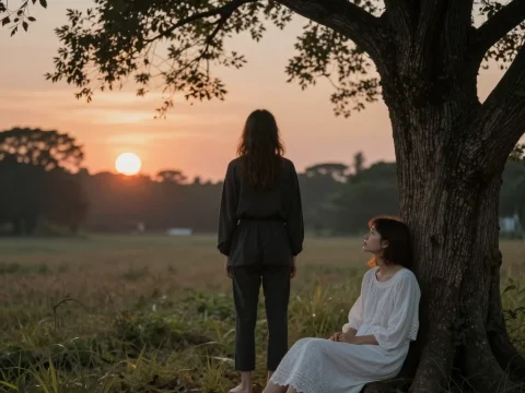 Contemplative Sunset by the Tree with Two Women