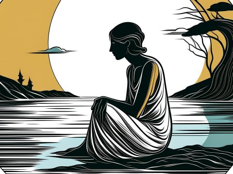 Contemplative Woman by the Water at Sunset