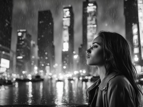 Contemplative Woman in Rainy New York City Night