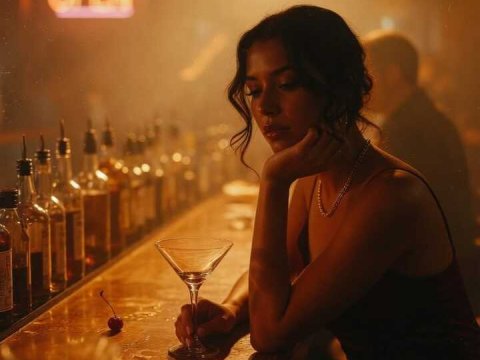 Contemplative Woman Sitting Alone at a Dimly Lit Bar