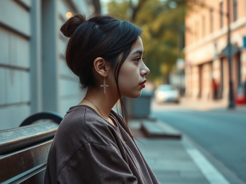 Contemplative Young Woman Sitting on Urban Bench