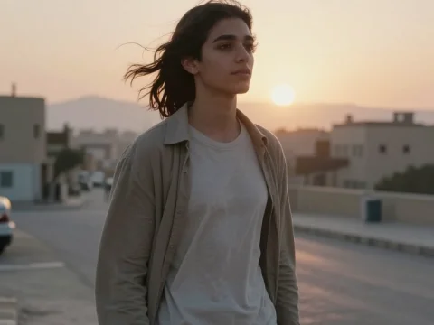 Contemplative Youth Walking at Sunrise in Urban Setting