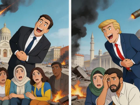 Contrasting Reactions Amidst Conflict in Animated Style