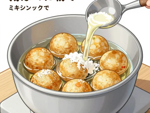 Cooking Takoyaki Balls in a Pan with Flour Mixture