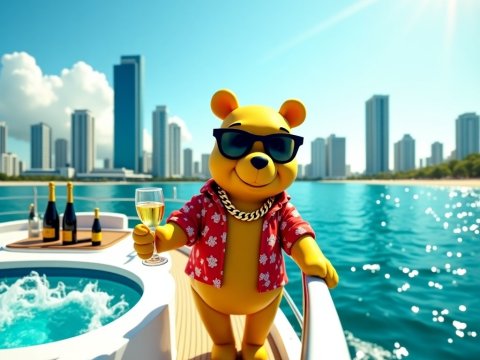 Cool Bear Enjoying Yacht Party in City Harbor