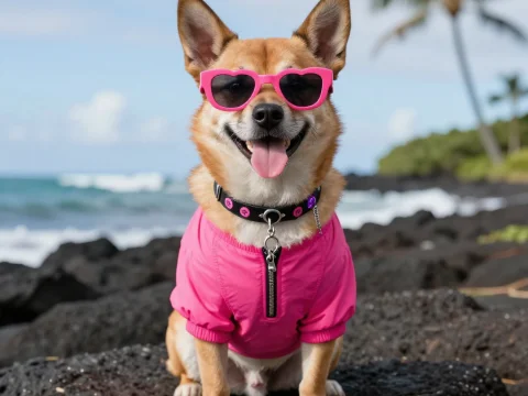 Cool Dog in Pink Sunglasses and Jacket on Hawaiian Beach