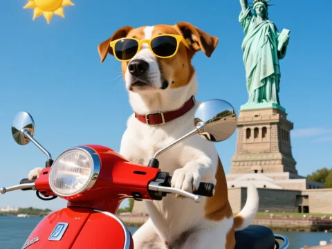 Cool Dog Riding Red Scooter Near Statue of Liberty