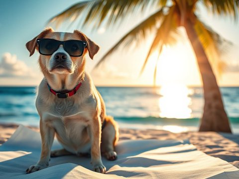 Cool Dog Wearing Sunglasses on a Sunny Beach