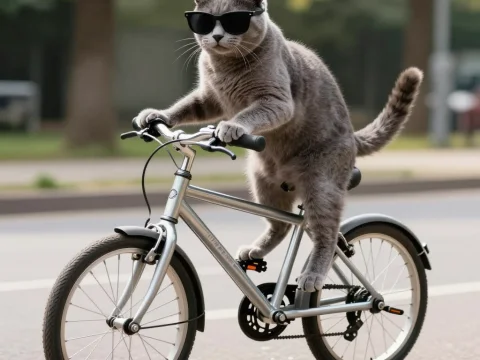 Cool Gray Cat Riding a Bicycle with Sunglasses